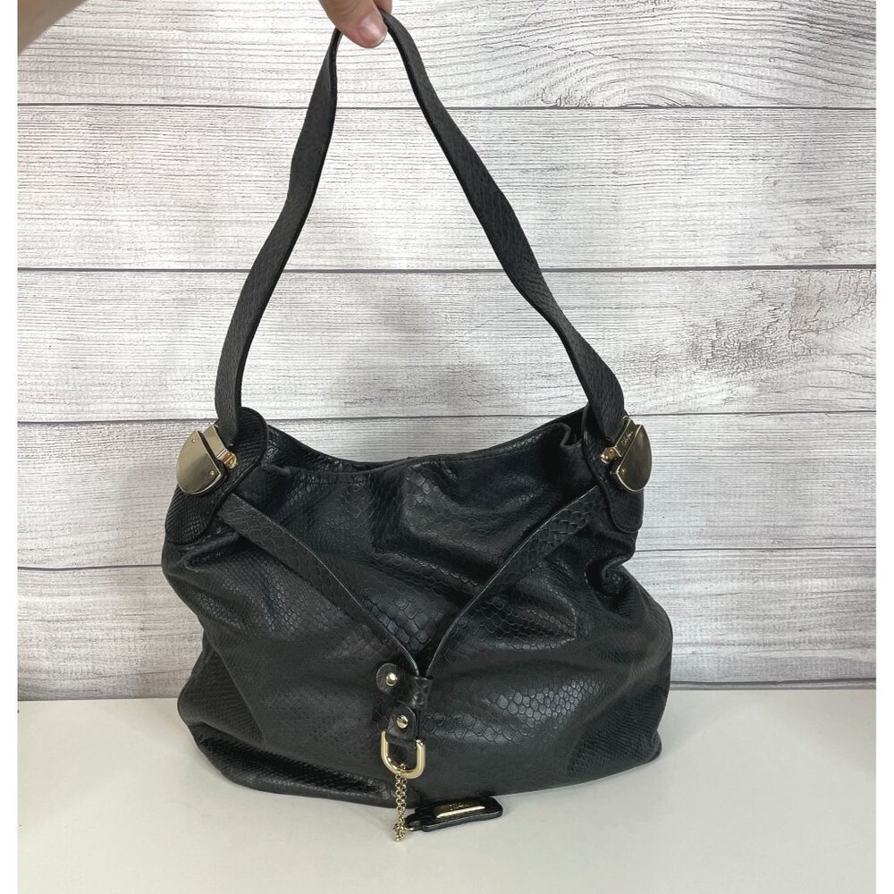 Cole Haan City Chic Leather Edgy Embossed SNAKESKIN‎ Hobo Handbag Black Pockets